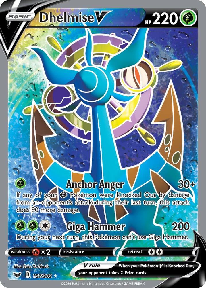 Pokemon Sword & Shield Dhelmise V (Full Art) 187/202 Ultra Rare Holofoil Card