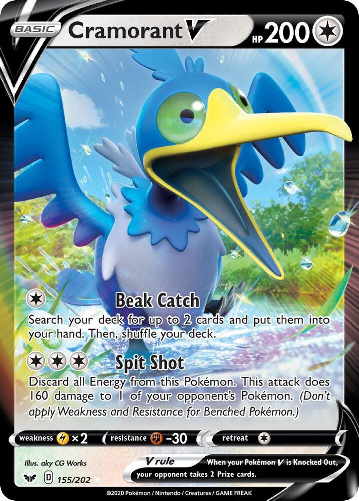 Pokemon Sword & Shield Base Set Cramorant V 155/202 Ultra Rare Holo Card