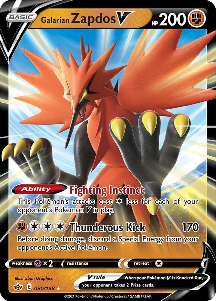 Pokemon Chilling Reign Galarian Zapdos V 080/198 Ultra Rare Holo Card - stylecreep.com