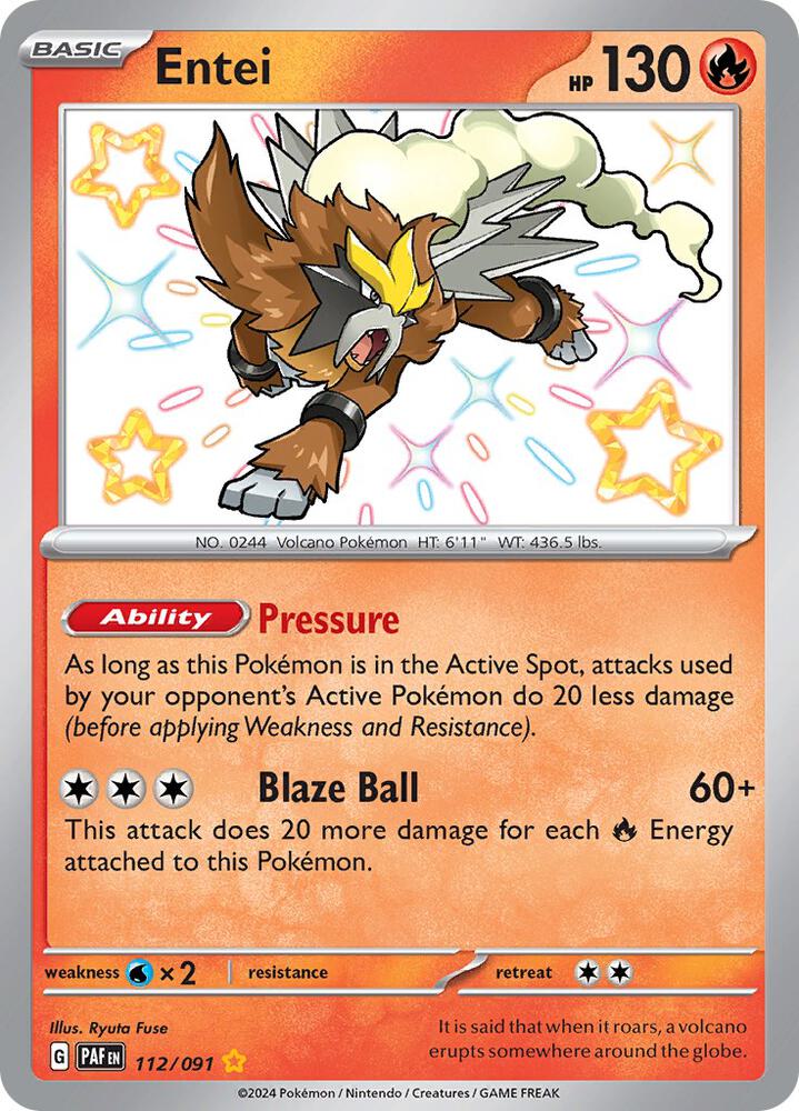 Pokemon Paldean Fates Entei 112/091 Shiny Rare Holofoil Card