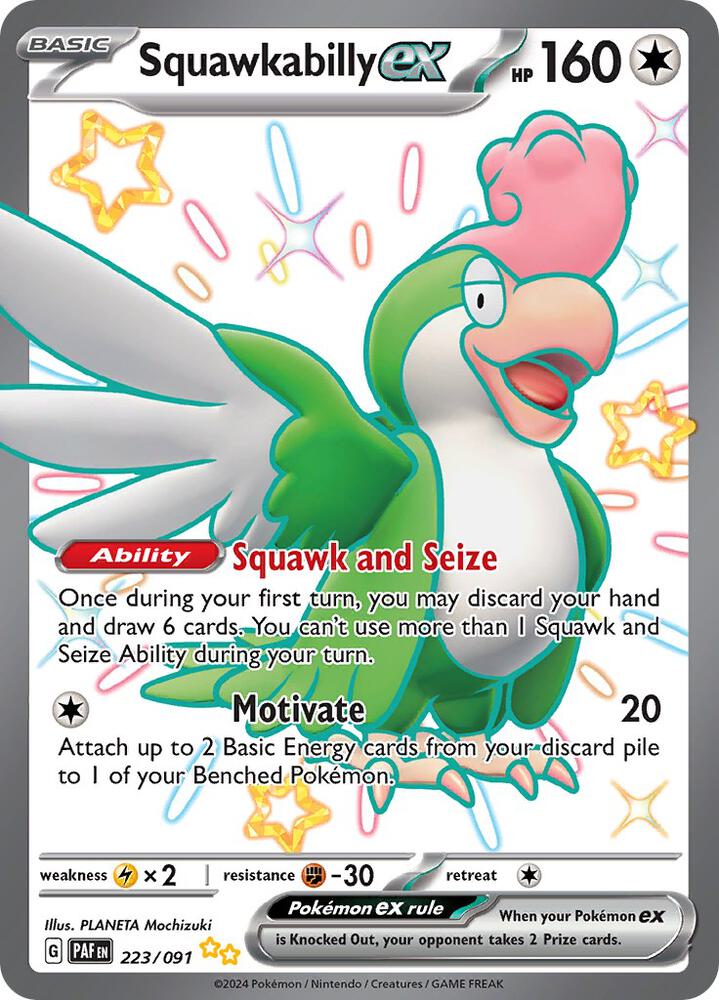 Pokemon Paldean Fates Squawkabilly ex 223/091 Shiny Ultra Rare Holofoil Card